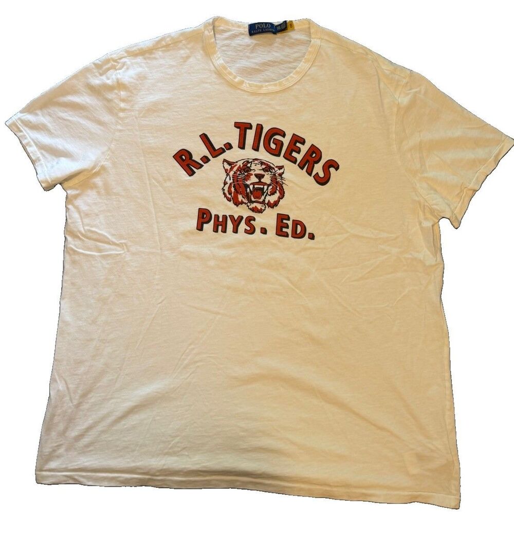 Polo Ralph Lauren Mens XXL Cream RL Tigers Phys Ed Graphic T Shirt Cotton White